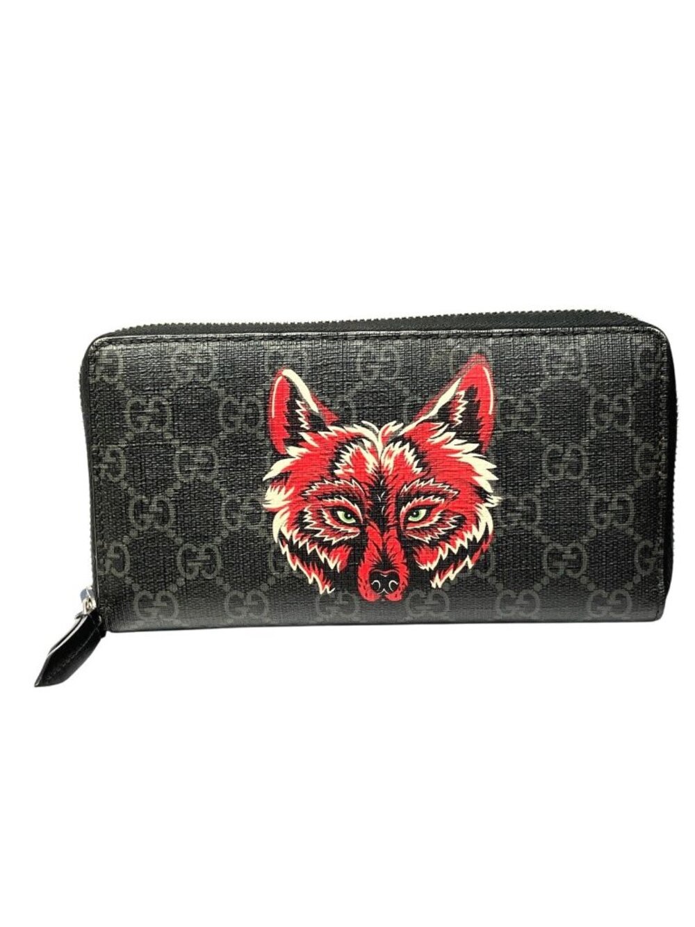 Gucci Wolf Head Animal Print Zip Around GG Supreme Wallet Leather